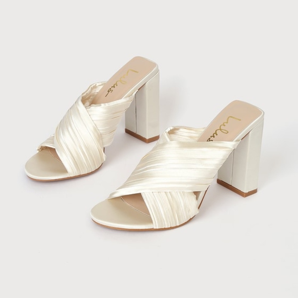 Lulus Luanah Ivory Satin Pleated High Heel Slide Sandals White - Size 7.5